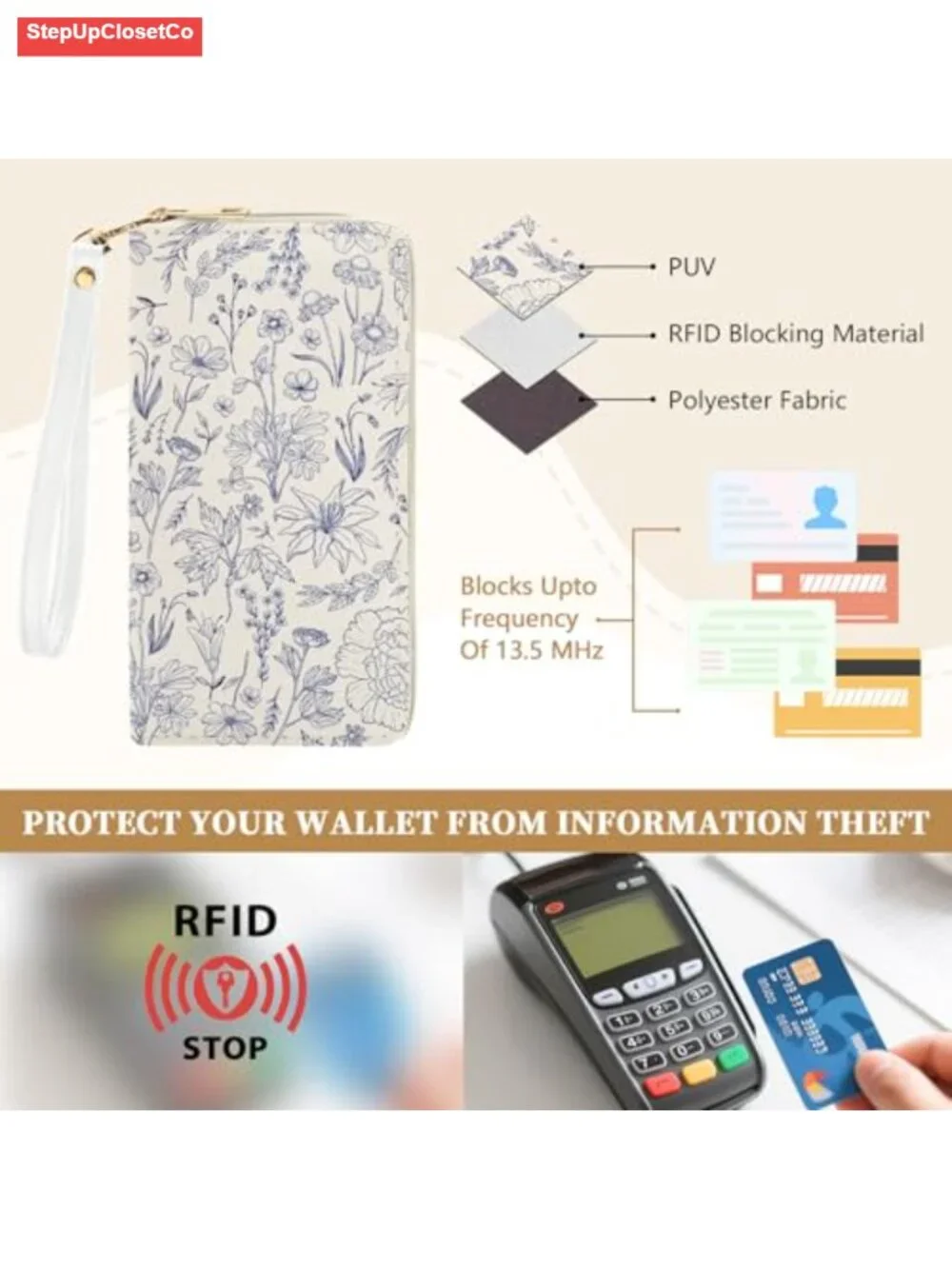 Women RFID Blocking Wristlet Wallet with 8 Card Slots Detachable Wrist Strap